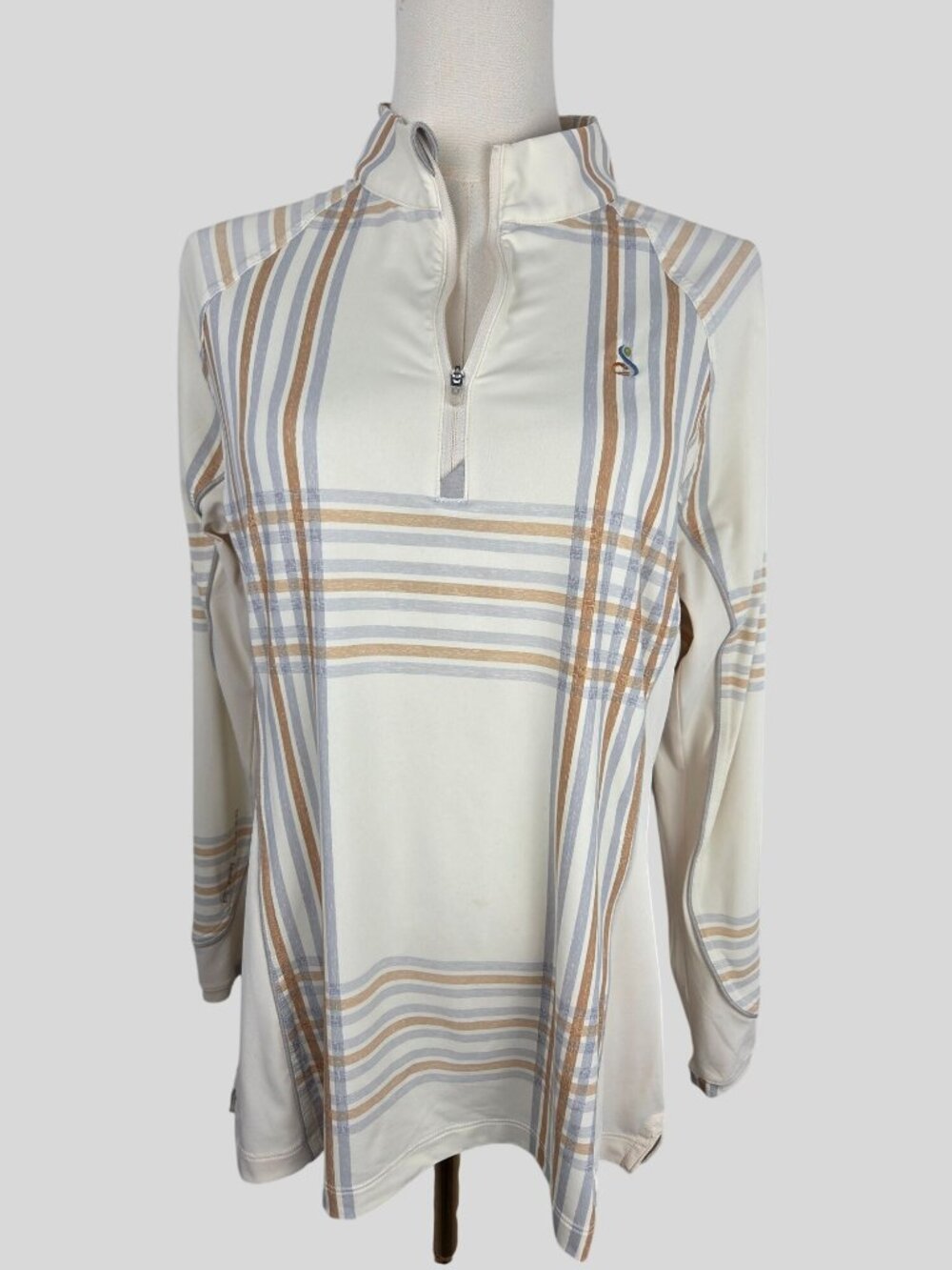 Peter Millar Womens Ivory Plaid UPF 50+ Quarter-Zip Sun Shirt Medium Golf EUC - Picture 3 of 12